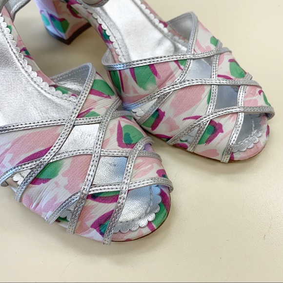 Anthropologie Shoes - Anthro Leifsdottir Women’s Twee Style Bloom Pink Silk Printed Block Heel Sandals